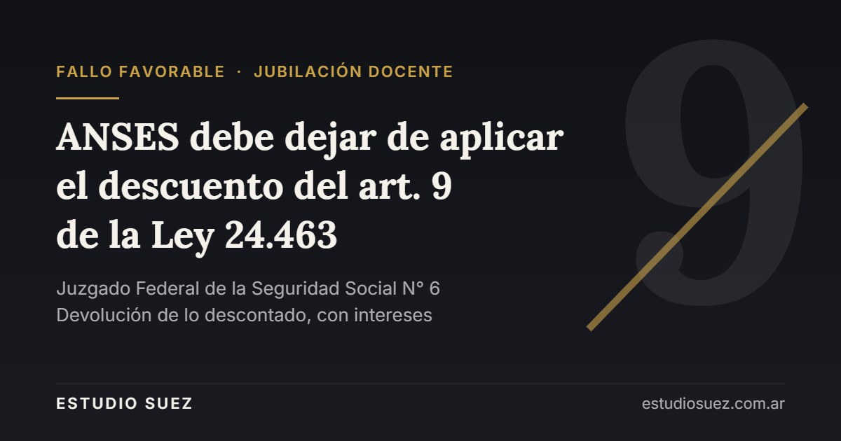 Fallo favorable: ANSES debe dejar de aplicar el descuento del art. 9 de la Ley 24.463 a una jubilación docente